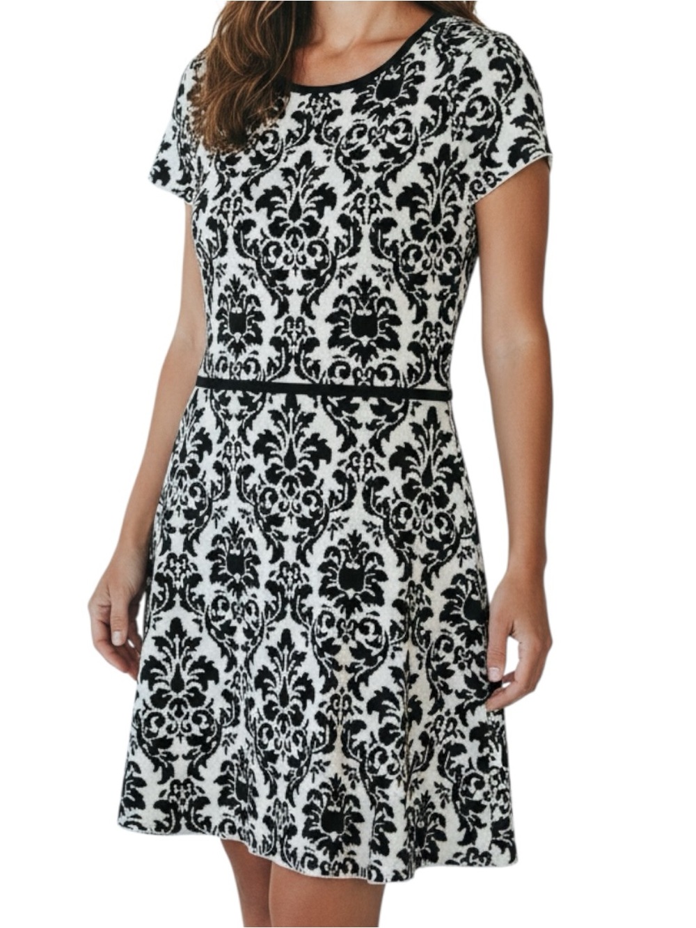 CeCe Black & White Damask Short Sleeve Dress